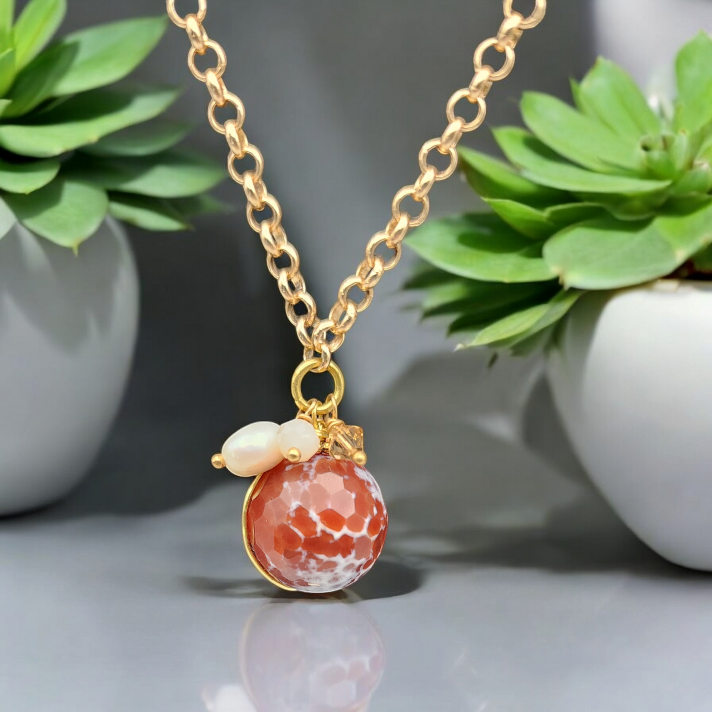 Crackle Agate Round Pendant Necklace